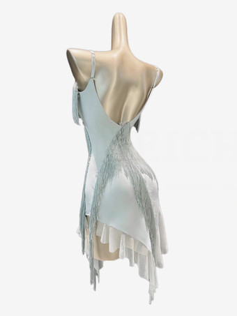 ラテンダンスコスチューム パステルブルー レディース ポリエステル フリンジ バックレス ラテンダンサー ダンスコスチューム