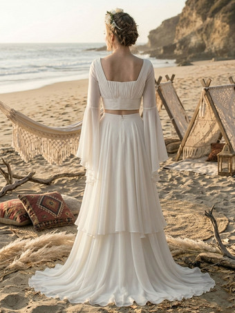 ツーピースウェディングドレス シフォンデザインネックライン Aライン トレーン付き 長袖 ロング