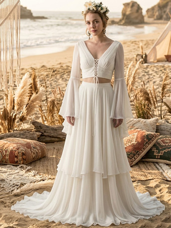 アイボリーツーピースウェディングドレス シフォンデザインネックライン Aライン トレーン付き 長袖 ロング