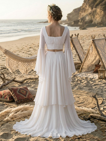 ツーピースウェディングドレス シフォンデザインネックライン Aライン トレーン付き 長袖 ロング