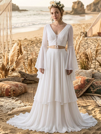 ホワイトツーピースウェディングドレス シフォンデザインネックライン Aライン トレーン付き 長袖 ロング