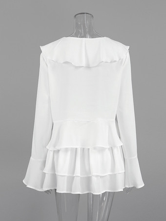 フリルトリムVネックフレアスリーブトップスとスモックウエストミニスカートのツーピースセット 2026