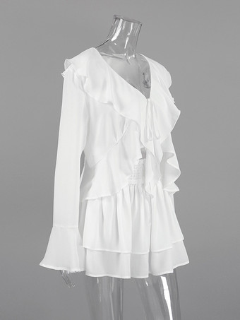 フリルトリムVネックフレアスリーブトップスとスモックウエストミニスカートのツーピースセット 2026