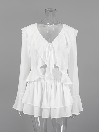 フリルトリムVネックフレアスリーブトップスとスモックウエストミニスカートのツーピースセット 2026