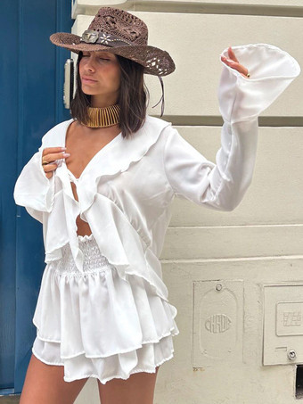 フリルトリムVネックフレアスリーブトップスとスモックウエストミニスカートのツーピースセット 2026