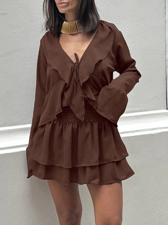 フリルトリムVネックフレアスリーブトップスとスモックウエストミニスカートのツーピースセット 2026