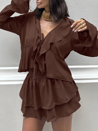 フリルトリムVネックフレアスリーブトップスとスモックウエストミニスカートのツーピースセット 2026