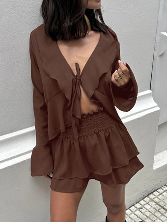 フリルトリムVネックフレアスリーブトップスとスモックウエストミニスカートのツーピースセット 2026