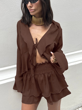 ブラウンフリルトリムVネックフレアスリーブトップスとスモックウエストミニスカートのツーピースセット 2026