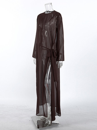 シースルーメッシュ 長袖 サイドタイ スリット マキシドレス カバーアップ レディース 2026