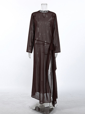 シースルーメッシュ 長袖 サイドタイ スリット マキシドレス カバーアップ レディース 2026