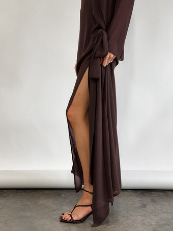 シースルーメッシュ 長袖 サイドタイ スリット マキシドレス カバーアップ レディース 2026