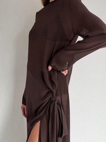 シースルーメッシュ 長袖 サイドタイ スリット マキシドレス カバーアップ レディース 2026