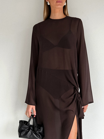 シースルーメッシュ 長袖 サイドタイ スリット マキシドレス カバーアップ レディース 2026