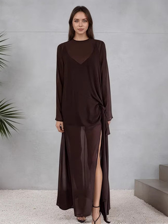 ブラウンシースルーメッシュ 長袖 サイドタイ スリット マキシドレス カバーアップ レディース 2026