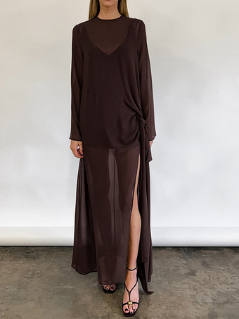 シースルーメッシュ 長袖 サイドタイ スリット マキシドレス カバーアップ レディース 2026