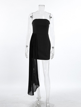 2026年レディース向け、アシンメトリープリーツドレープのストラップレスサマーミニドレス