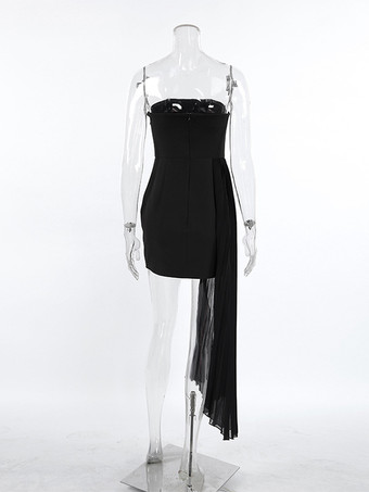 2026年レディース向け、アシンメトリープリーツドレープのストラップレスサマーミニドレス