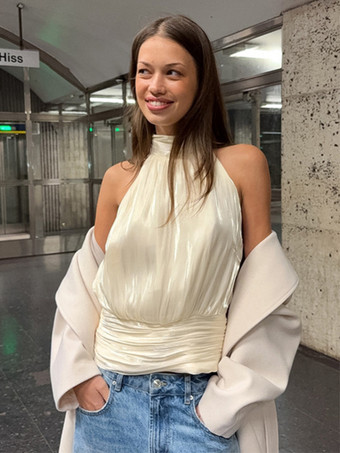 イエローホルターネック ルーシュ ノースリーブ バックレス パーティーブラウス トップス レディース 2026