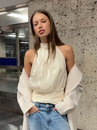 ホルターネック ルーシュ ノースリーブ バックレス パーティーブラウス トップス レディース 2026