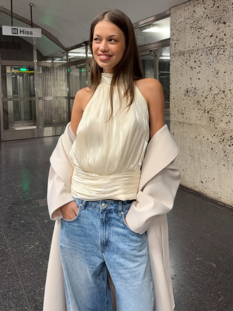 ホルターネック ルーシュ ノースリーブ バックレス パーティーブラウス トップス レディース 2026