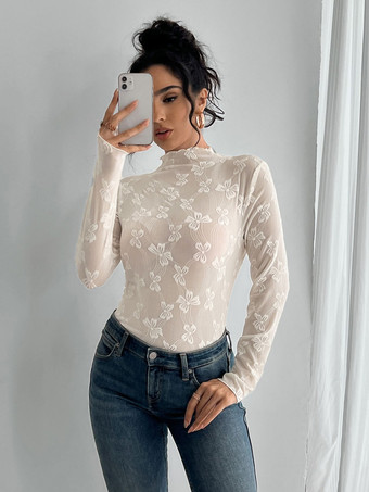 アイボリー 透明メッシュロングスリーブトップス（リボンジャカード総柄）レディース 2026