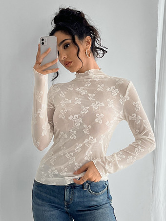 透明メッシュロングスリーブトップス（リボンジャカード総柄）レディース 2026