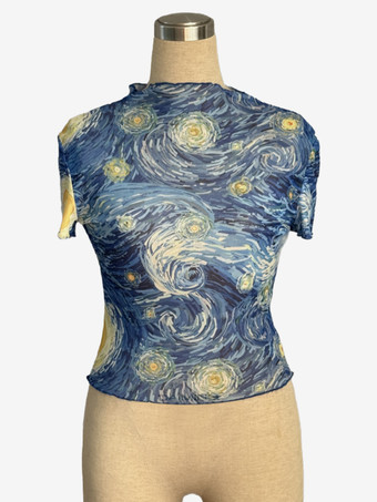 星空の夜の油絵プリント モックネック メッシュ 半袖トップス レディース 2026