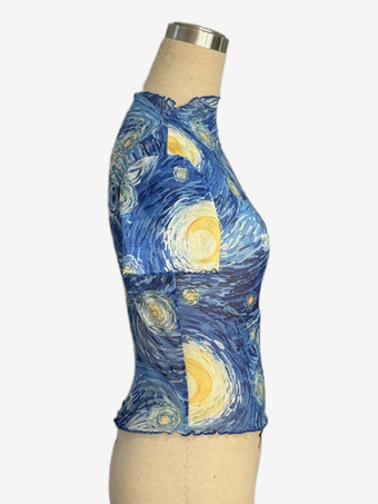 星空の夜の油絵プリント モックネック メッシュ 半袖トップス レディース 2026