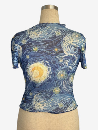 星空の夜の油絵プリント モックネック メッシュ 半袖トップス レディース 2026
