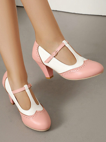 レディース ヴィンテージシューズ ラウンドトゥ Tストラップ チャンキーヒール パンプス