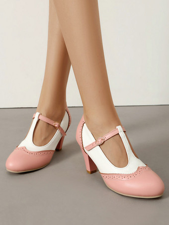 レディース ヴィンテージシューズ ラウンドトゥ Tストラップ チャンキーヒール パンプス