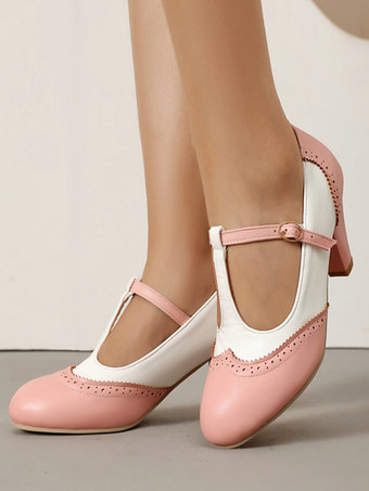 ピンクレディース ヴィンテージシューズ ラウンドトゥ Tストラップ チャンキーヒール パンプス