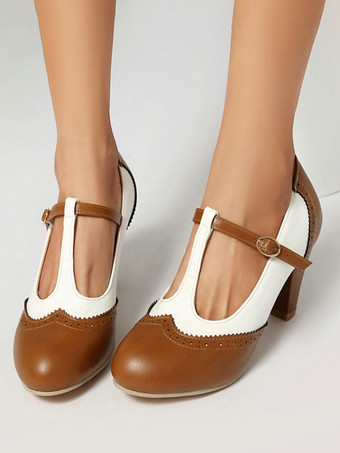 ブラウンレディース ヴィンテージシューズ ラウンドトゥ Tストラップ チャンキーヒール パンプス
