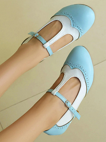 レディース ヴィンテージシューズ ラウンドトゥ Tストラップ チャンキーヒール パンプス