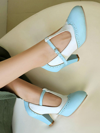 レディース ヴィンテージシューズ ラウンドトゥ Tストラップ チャンキーヒール パンプス