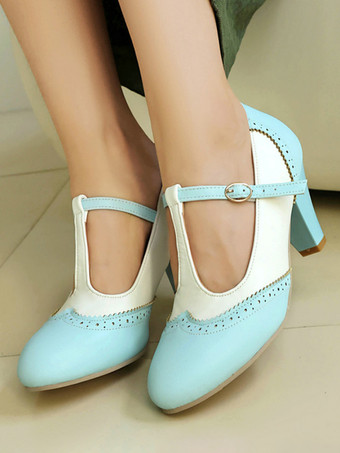 ライトスカイブルーレディース ヴィンテージシューズ ラウンドトゥ Tストラップ チャンキーヒール パンプス
