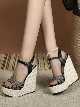 ブラック レディース ウェッジサンダル プラットフォーム オープントゥ ラインストーン ウェッジ