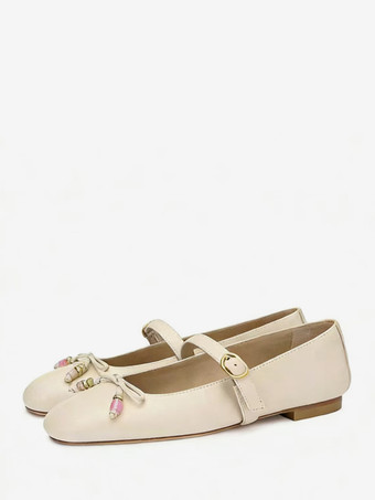 ライト アプリコットレディース バレエフラット スクエアトゥ ボウ メリージェーン フラットシューズ