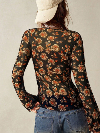 レディース フローラルプリント ルーシュ ボタンアップ 長袖 スリムフィット シャツ 2026