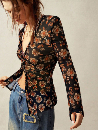 レディース フローラルプリント ルーシュ ボタンアップ 長袖 スリムフィット シャツ 2026