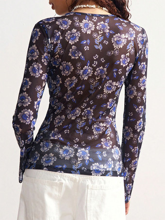 レディース フローラルプリント ルーシュ ボタンアップ 長袖 スリムフィット シャツ 2026