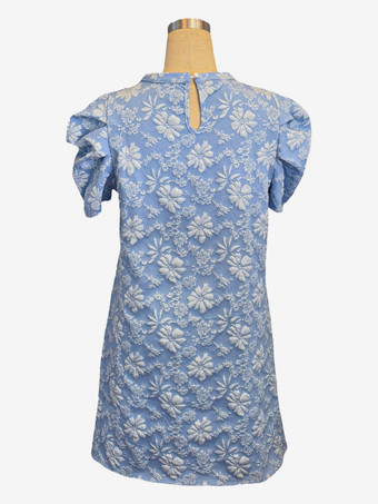 パフスリーブミニシフトドレス（レディース） - 花柄ジャカードクルーネックサマードレス - サマービーチパーティー2026