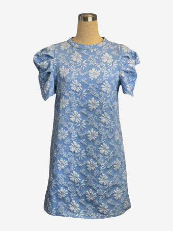 パフスリーブミニシフトドレス（レディース） - 花柄ジャカードクルーネックサマードレス - サマービーチパーティー2026