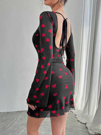 バックレスハートプリント長袖ミニドレス（レディース）2026