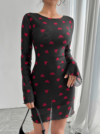 バックレスハートプリント長袖ミニドレス（レディース）2026