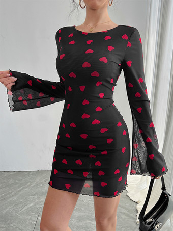 バックレスハートプリント長袖ミニドレス（レディース）2026