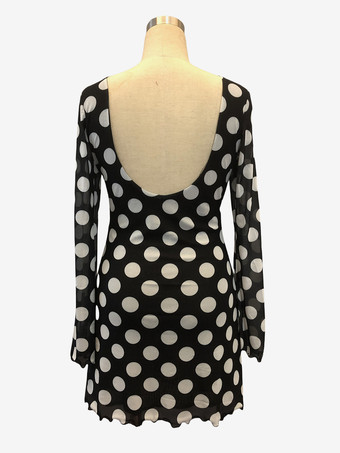 ドット柄 長袖 バックレス スリムフィット ミニドレス レディース 2026