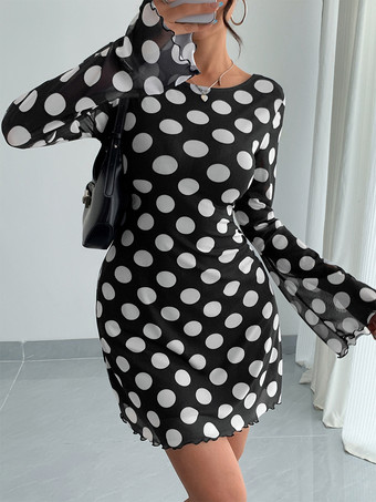 ドット柄 長袖 バックレス スリムフィット ミニドレス レディース 2026