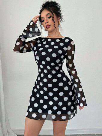 ブラック ドット柄 長袖 バックレス スリムフィット ミニドレス レディース 2026
